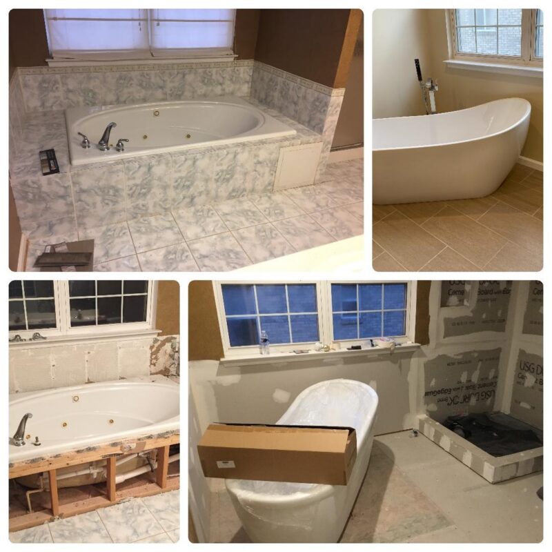 Before and during photos of a jetted tub being replaced with a freestanding tub