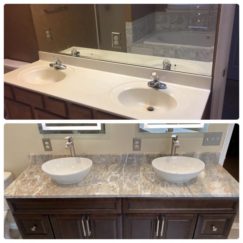 Before and after of a double vanity upgraded with vessel sinks and stone countertop