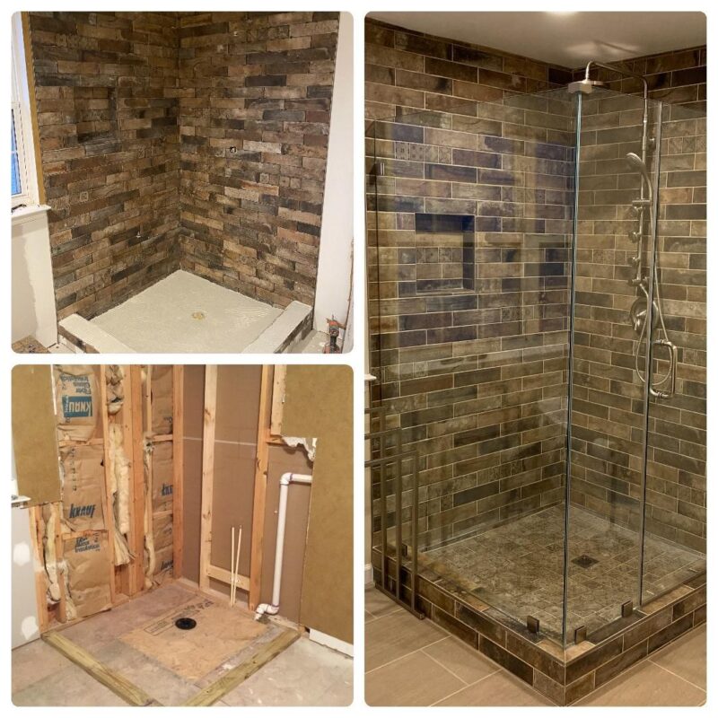 Shower remodel progress from demolition to finished brick-look tile with glass enclosure