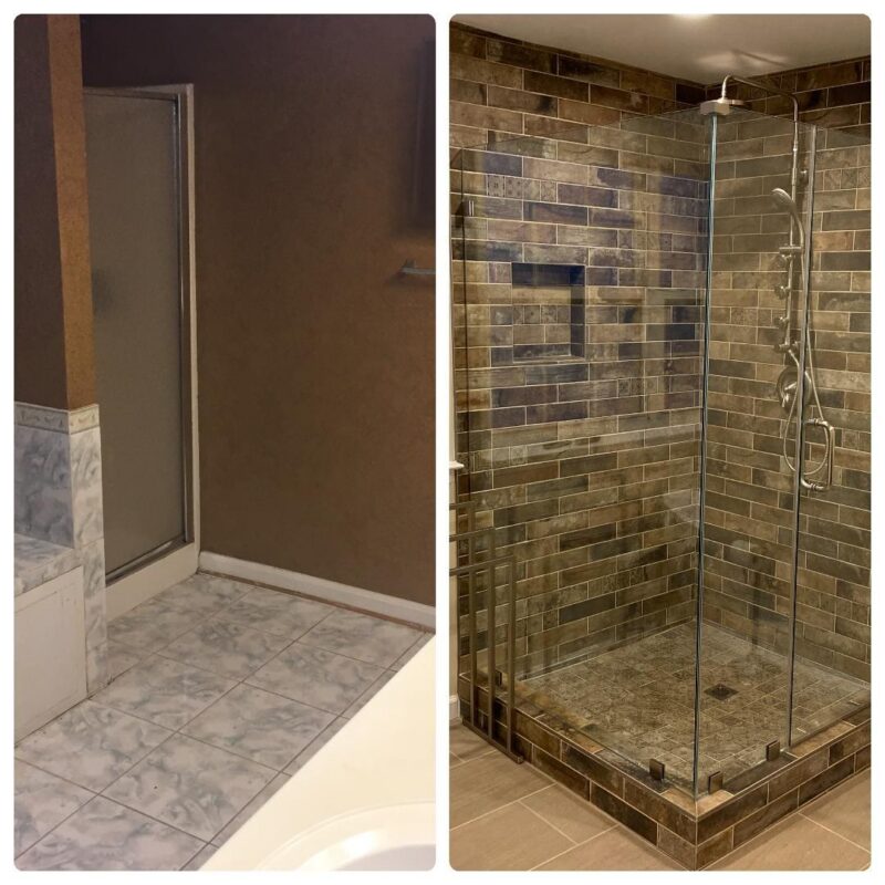 Before and after of a dated shower stall replaced with a tiled glass shower