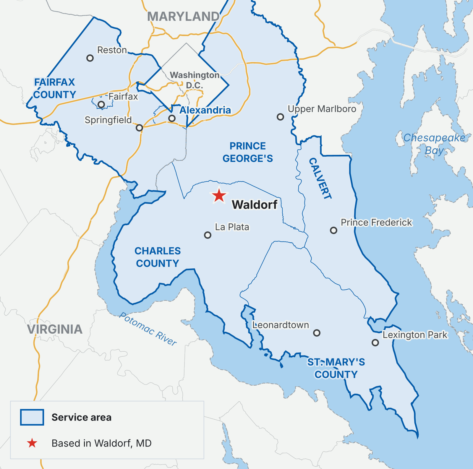 Map of the Sam's Remodeling service area: Charles, St. Mary's, Calvert and Prince George's Counties in Maryland and Fairfax County and the City of Alexandria in Virginia