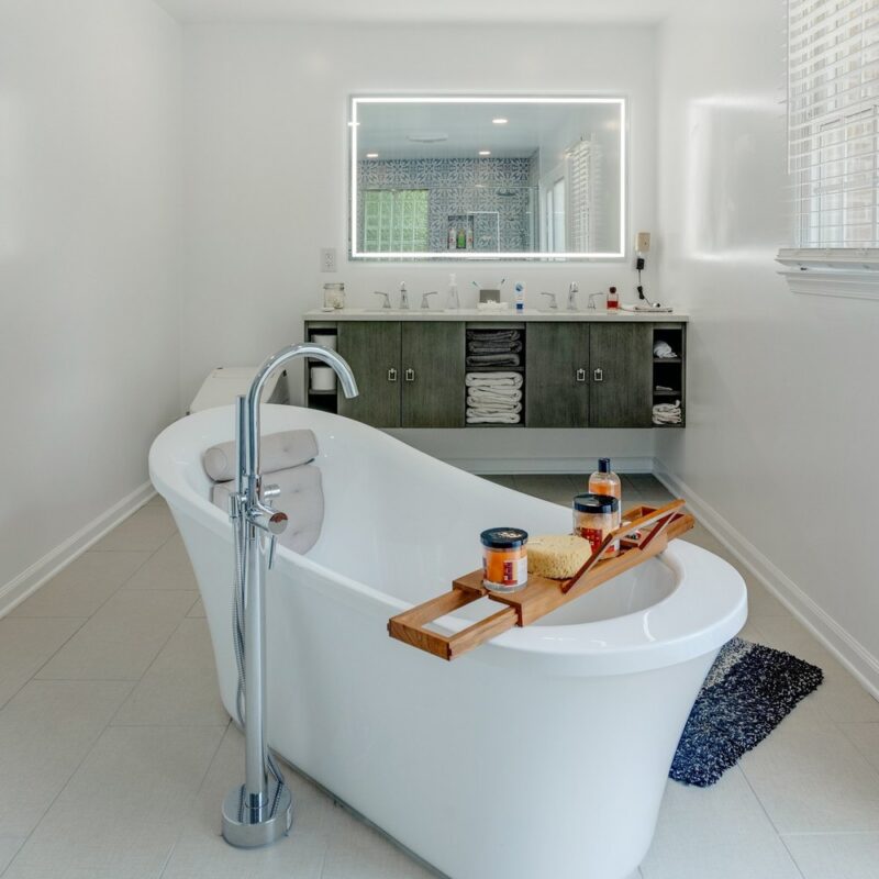 Bathroom remodeling - freestanding tub and patterned tile shower